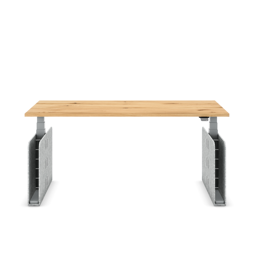 Höhenverstellbarer Schreibtisch Masterlift® Flex Akustix®-Edition, Rechteck Hellgrau, Eiche Massivholz/Silber 180x80