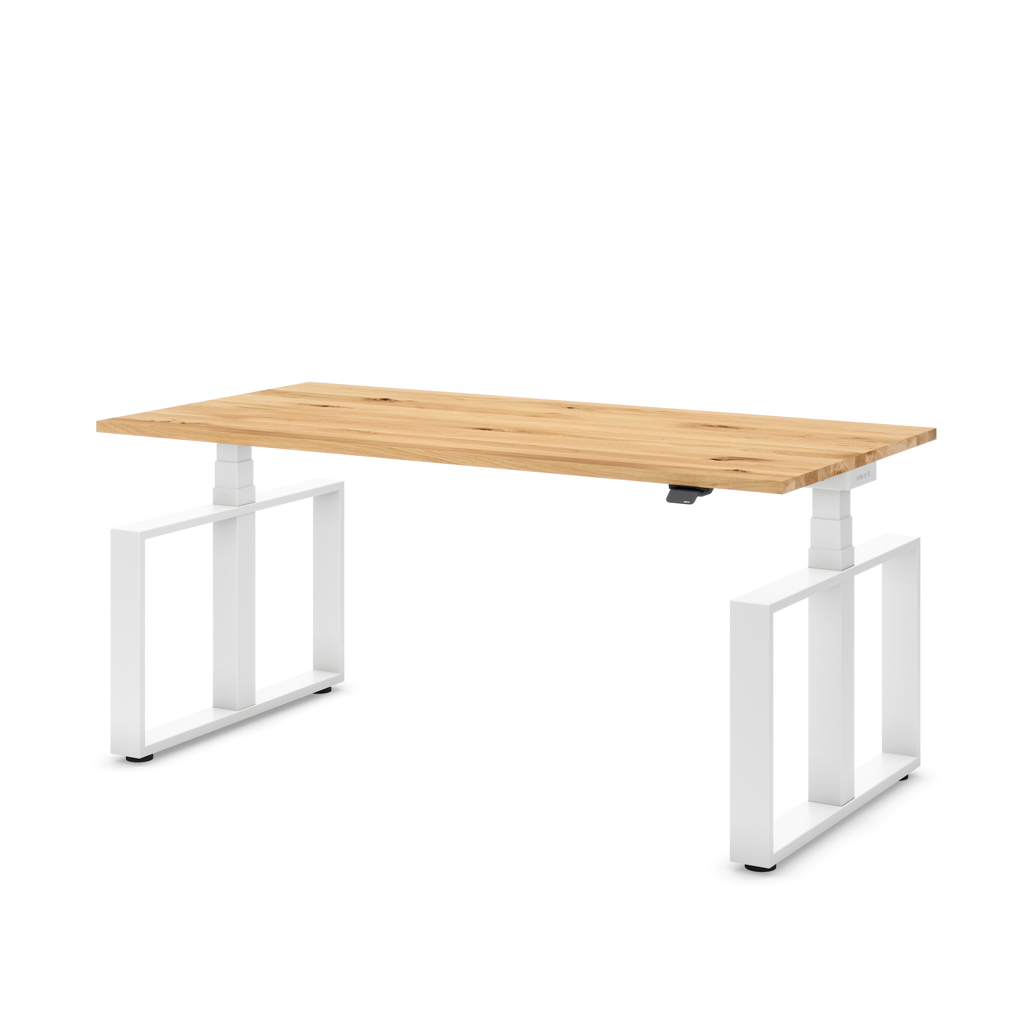 Höhenverstellbarer Schreibtisch Masterlift® Flex Loop-Edition, Stahl Rechteck, Eiche Massivholz/Weiss 160x80
