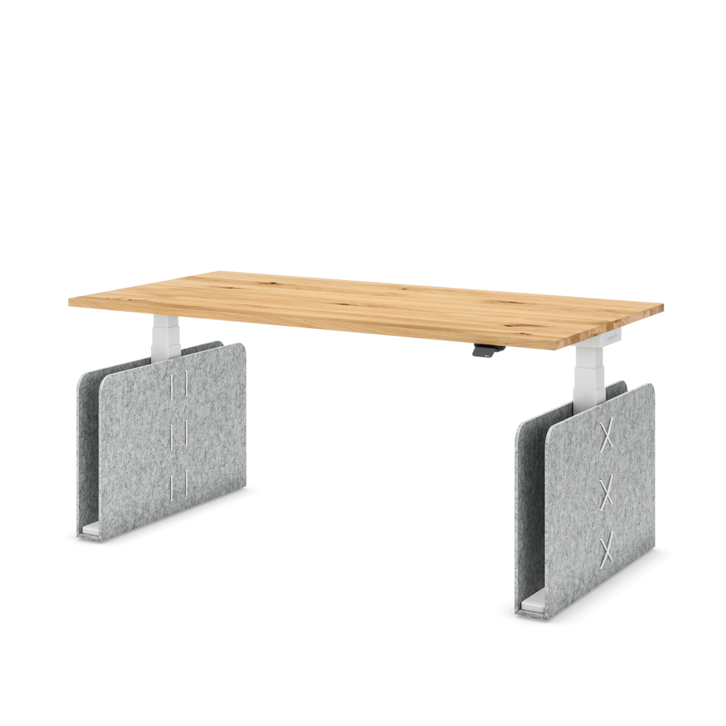 Höhenverstellbarer Schreibtisch Masterlift® Flex Akustix®-Edition, Rechteck Hellgrau, Eiche Massivholz/Weiss 160x80