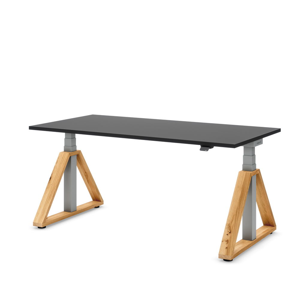 Höhenverstellbarer Schreibtisch Masterlift® Flex Loop-Edition, Holz Trapez, Schwarz Dekor/Silber 120x80