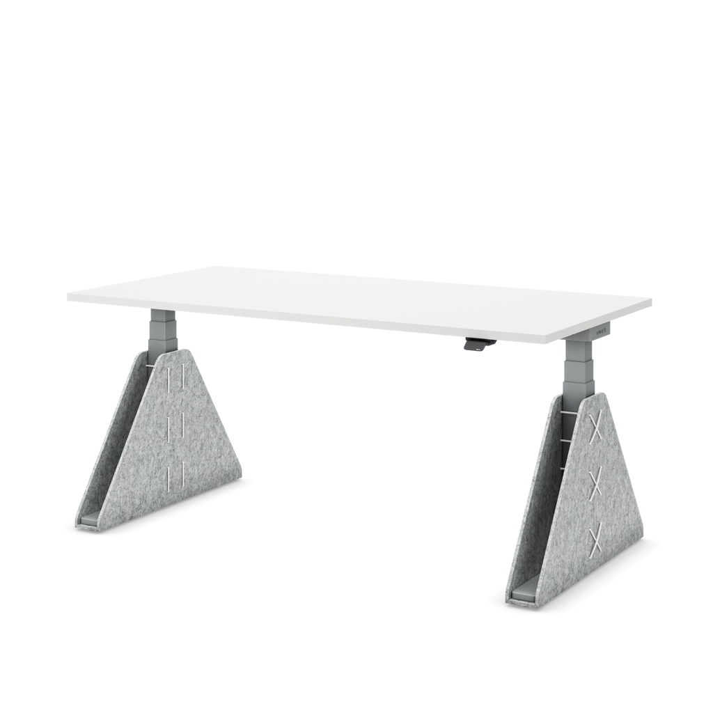 Höhenverstellbarer Schreibtisch Masterlift® Flex Akustix®-Edition, Trapez Hellgrau, Weiss Dekor/Silber 120x80