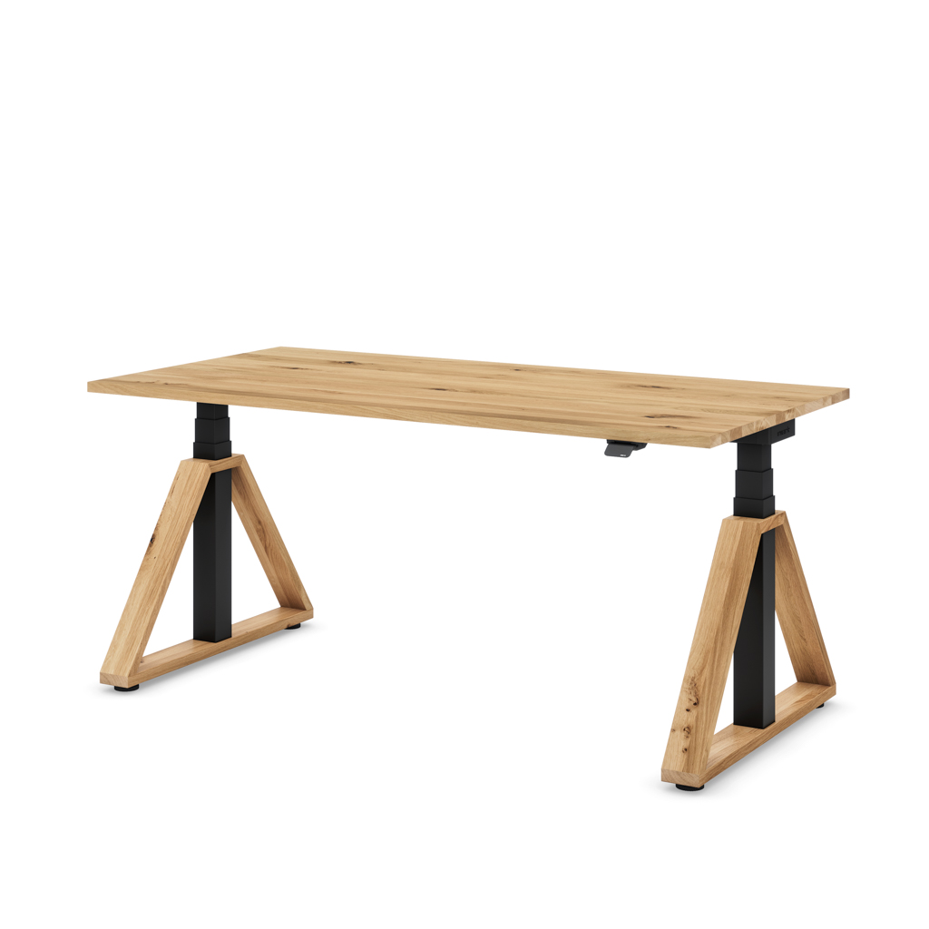 Höhenverstellbarer Schreibtisch Masterlift® Flex Loop-Edition, Holz Trapez, Eiche Massivholz/Schwarz 180x80