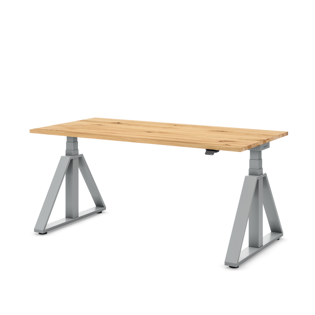Höhenverstellbarer Schreibtisch Masterlift® Flex Loop-Edition, Stahl Trapez, Eiche Massivholz/Silber 180x80