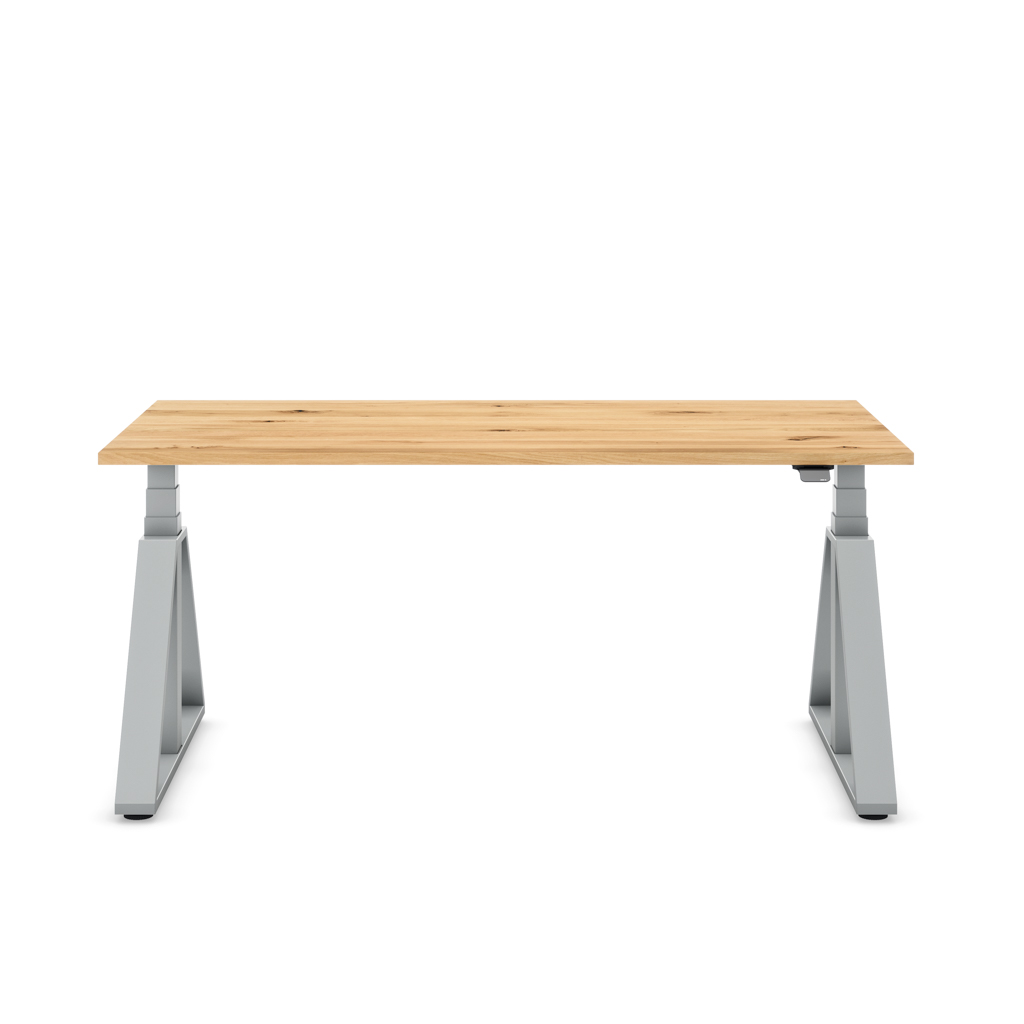 Höhenverstellbarer Schreibtisch Masterlift® Flex Loop-Edition, Stahl Trapez, Eiche Massivholz/Silber 180x80