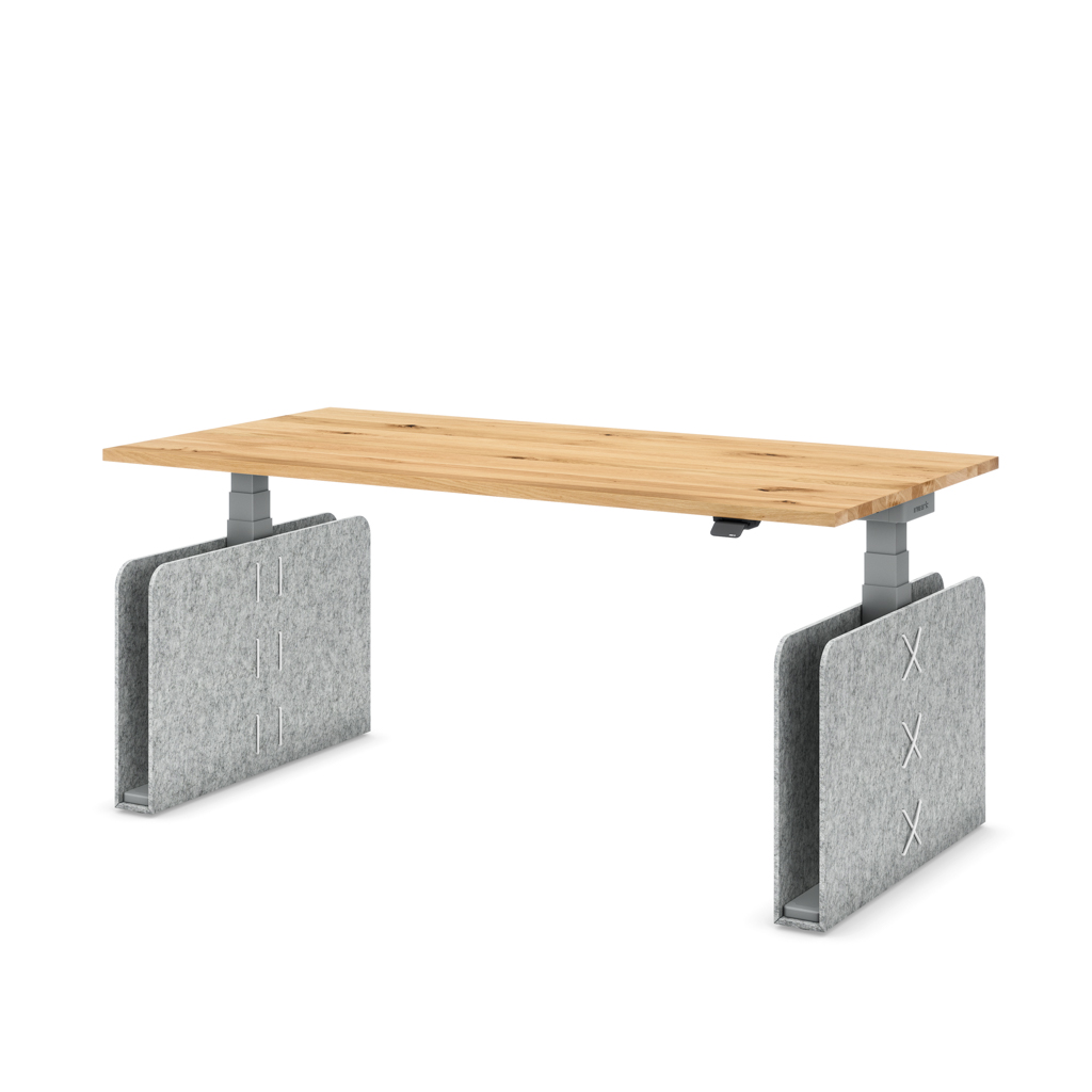Höhenverstellbarer Schreibtisch Masterlift® Flex Akustix®-Edition, Rechteck Hellgrau, Eiche Massivholz/Silber 180x80