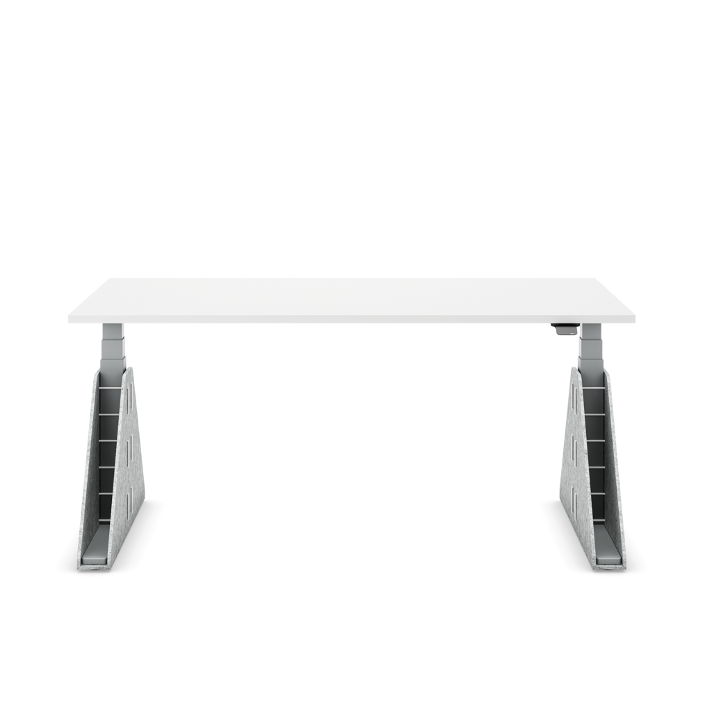 Höhenverstellbarer Schreibtisch Masterlift® Flex Akustix®-Edition, Trapez Hellgrau, Weiss Dekor/Silber 120x80