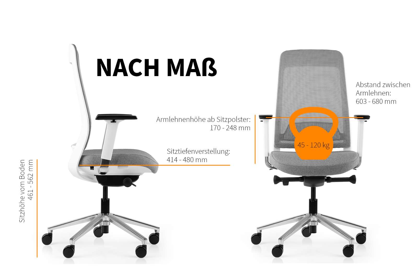 Inwerk Teamo® Original - Ergonomischer Bürostuhl, Weiss/Grau
