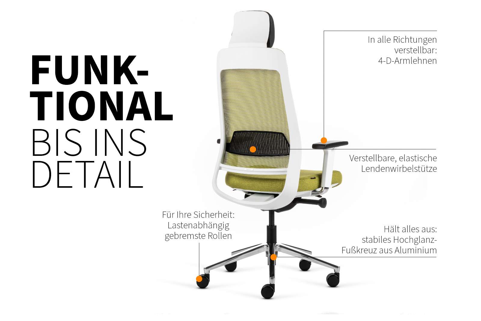 Inwerk Teamo® Original Plus - Bürostuhl mit Kopfstütze, Weiss/Grün