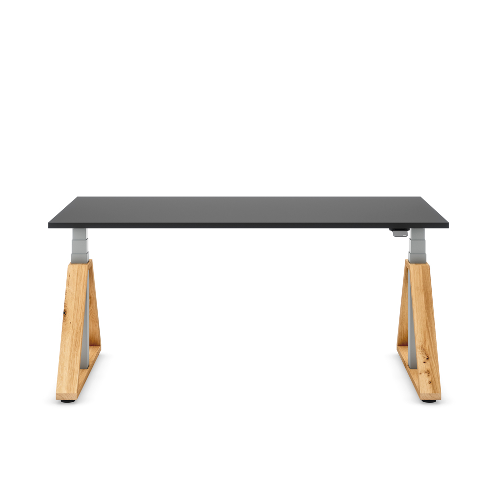 Höhenverstellbarer Schreibtisch Masterlift® Flex Loop-Edition, Holz Trapez, Schwarz Dekor/Silber 120x80
