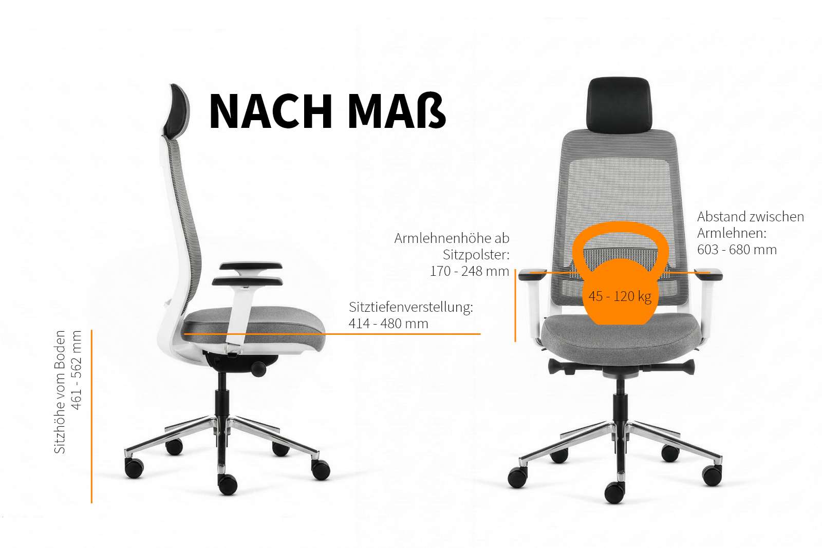 Inwerk Teamo® Original Plus - Bürostuhl mit Kopfstütze, Weiss/Grau