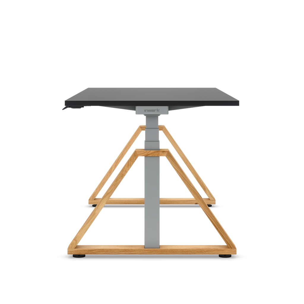 Höhenverstellbarer Schreibtisch Masterlift® Flex Loop-Edition, Holz Trapez, Schwarz Dekor/Silber 120x80